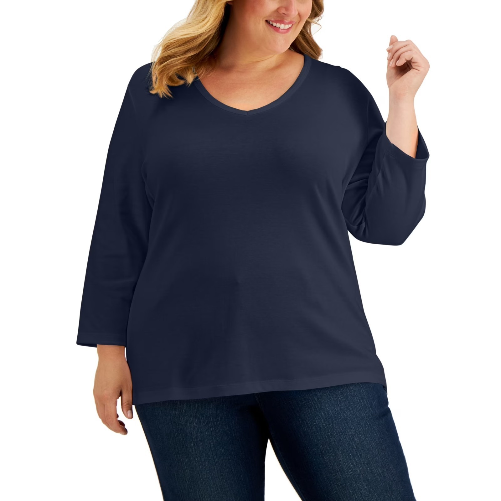 Karen Scott Womens Plus 0X Intrepid Blue 3/4 Sleeve V Neck T Shirt Top NWT DH38