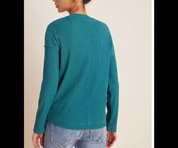Anthropologie Crinkle Deep V Neck Long Sleeves Top, Large, Aqua Blue Green