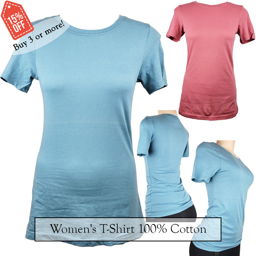 Women’s 100% Cotton Basic Plain Crew Neck Tee T-shirt Soft Stretch Short Sleeve