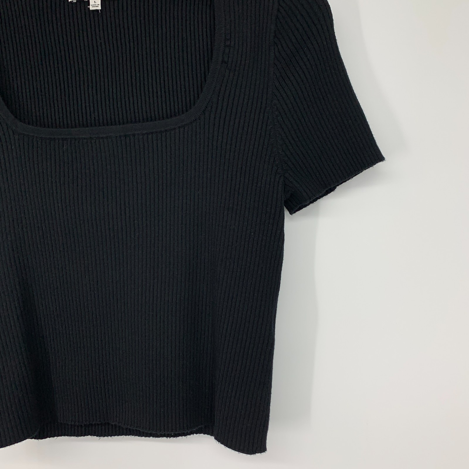 Madewell Top Womens Large Black Cropped Ribbed Knit Square Neck Short Sleeve