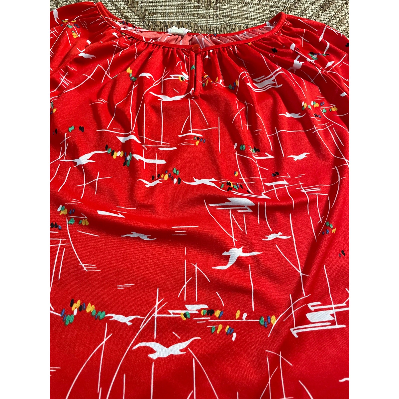 Vtg. Styled By Sybil 70s/80s modern boat seagulls print short sleeve retro mod