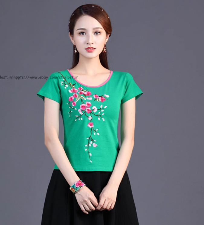 Summer Chinese Style Women’s Short Sleeve Blouse Tops embroidery Ethnic T-Shirts