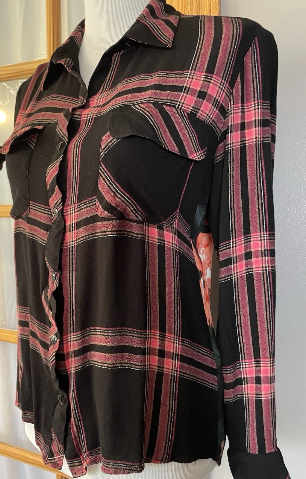 Guess LA Floral Plaid Button Shirt Womens Sz S Gray Orange Preppy Boho Cottage