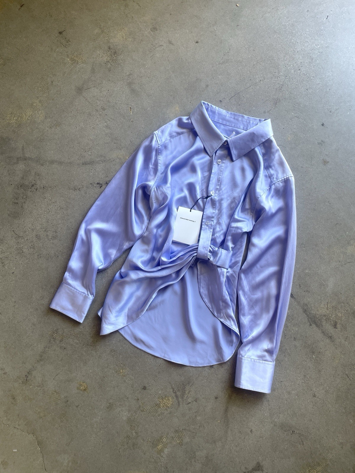 Alexander Wang Blue Silk Gathered Button Up Blouse 12 Satin Collared Tunic Shirt