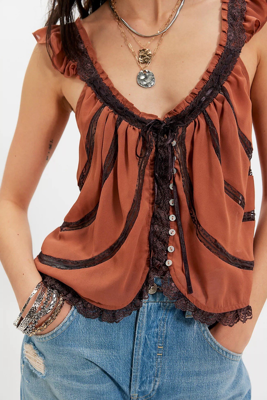 Free People Lace Panel Ruffle Trim Mabel Cami Tank Top Button Front Medium Brown