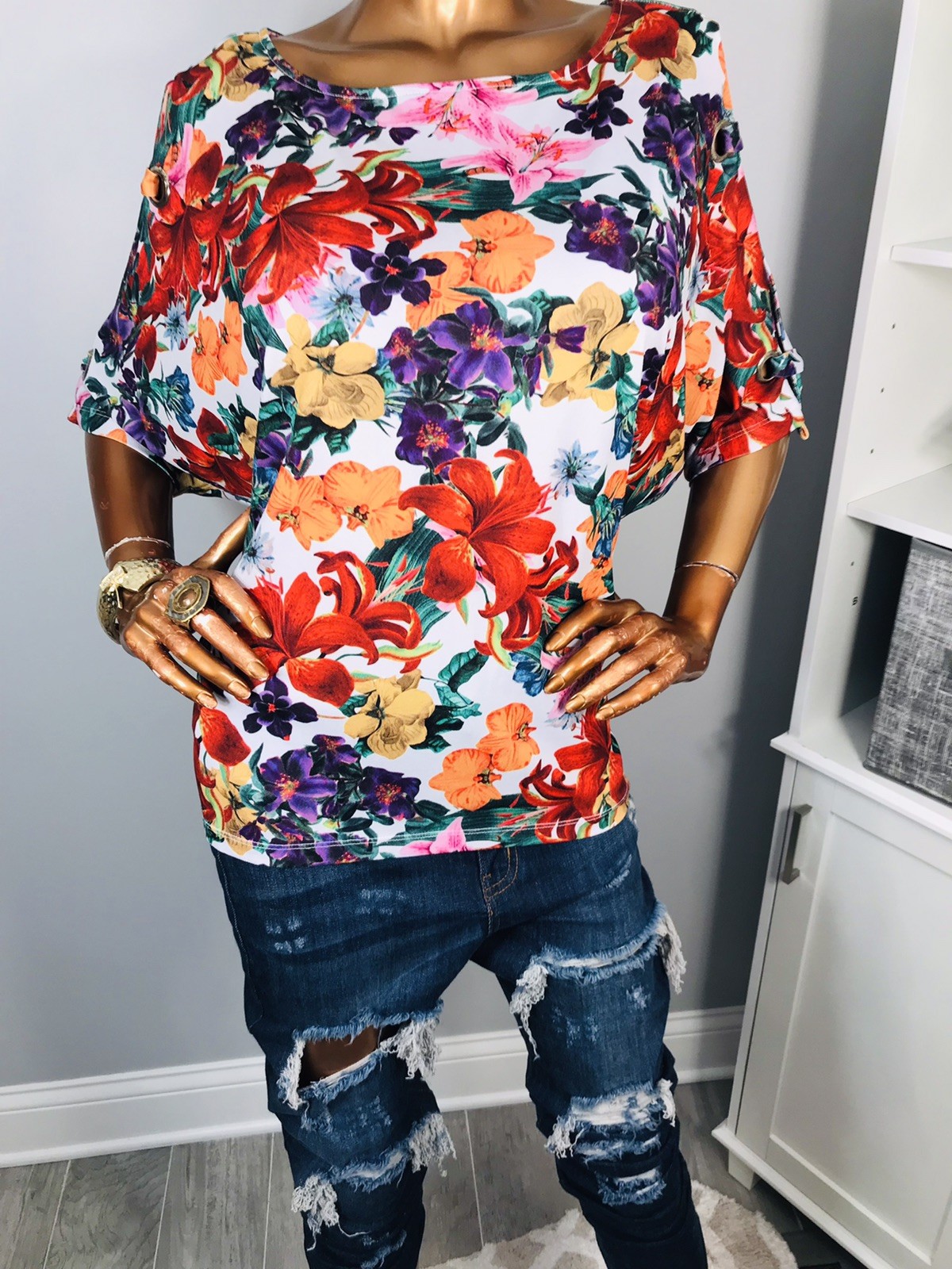 Bold Elements XL Top Stretch Floral Cold Cut Out Sleeves 1/2 Slvs Dolman Blouse