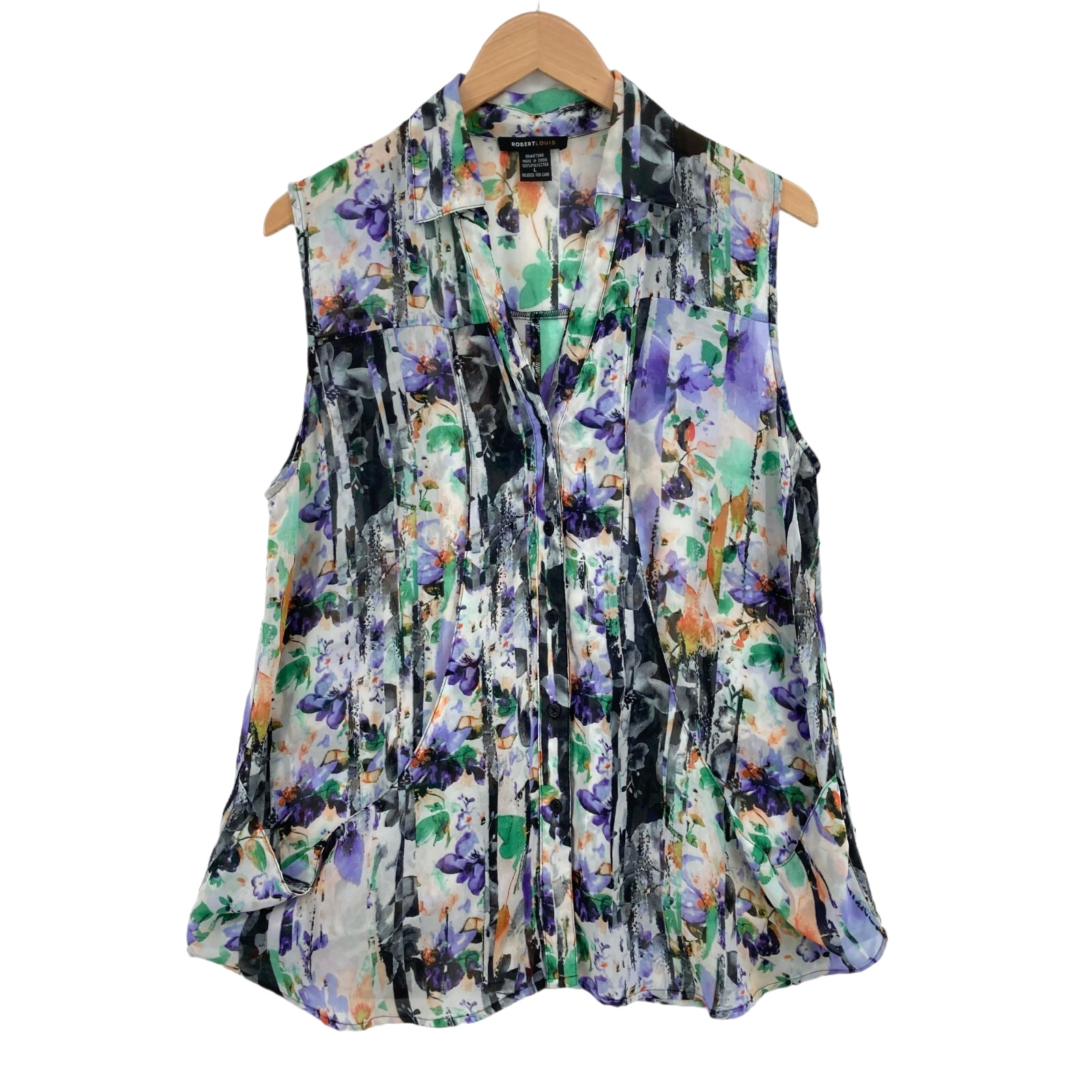 Robert Louis Women’s Multi Floral Collared V-Neck Button Front Blouse Top Large