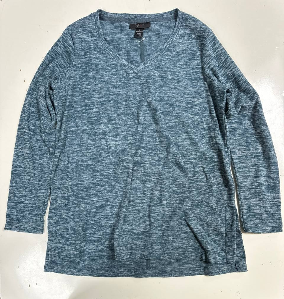 Style & Co Womens Blouse Space Dyed V Neck Fleece Top Size S Color Greenish-blue