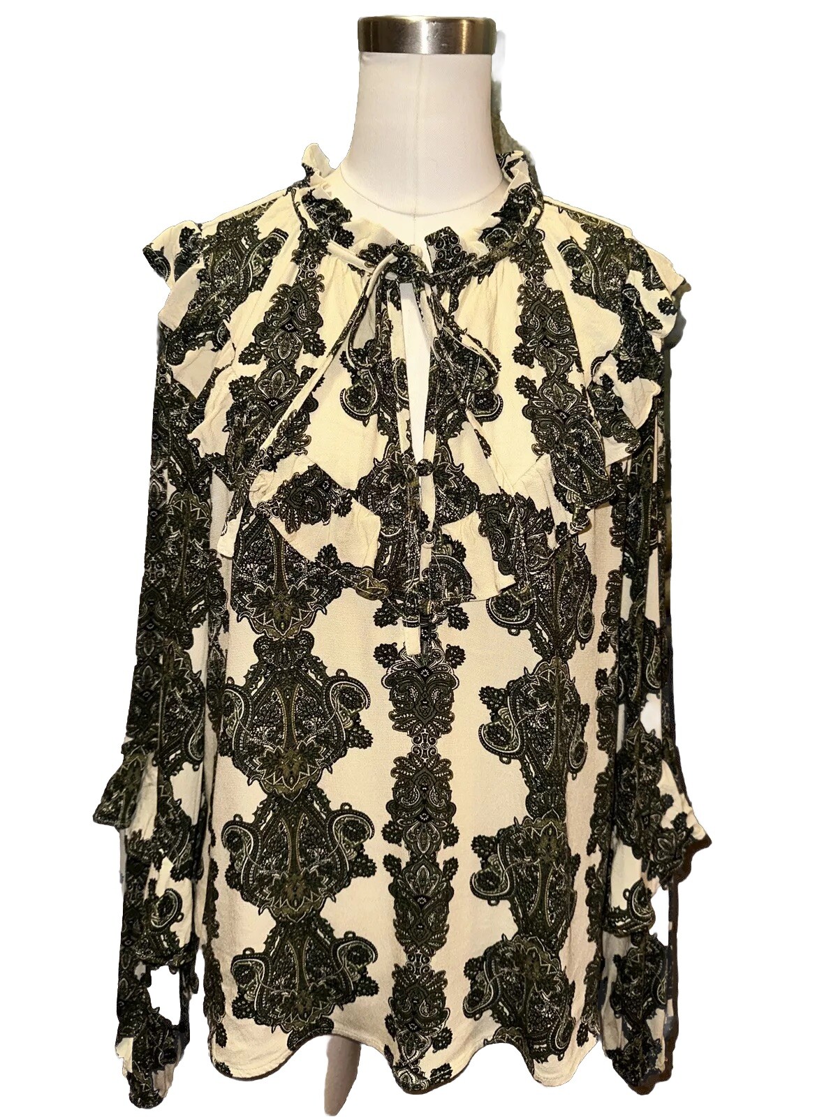A Loves A Womens XL Ivory Green Floral Paisley Blouse Ruffle High Neck Boho