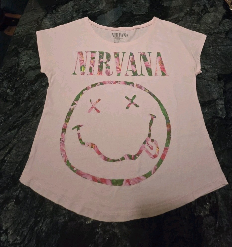Nirvana Kurt Cobain FLORAL SMILEY FACE Pink Girls Women’s T-Shirt Official