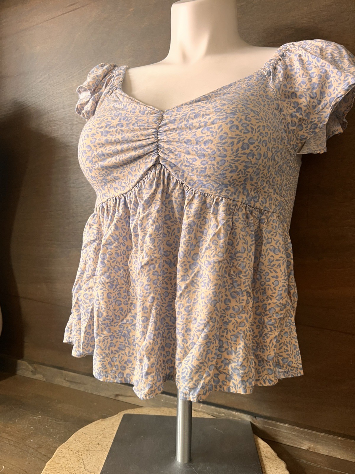 Japna BLUE Floral Ruched Crop Top RUFFLE Sleeve Smocked Romantic Womens Size M