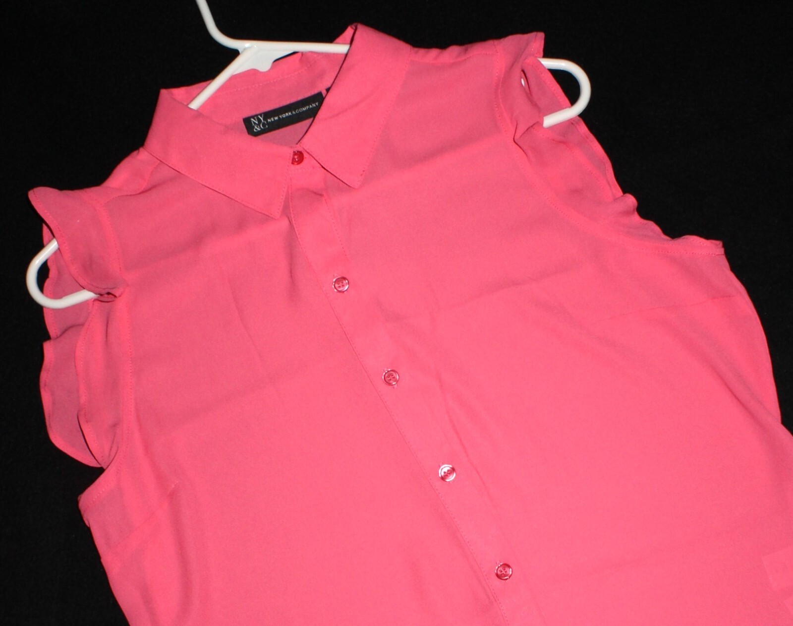 NYC NEW YORK & COMPANY BLOUSE…MEDIUM…SALMON PINK..RUFFLE SLEEVE/BOTTOM..NICE