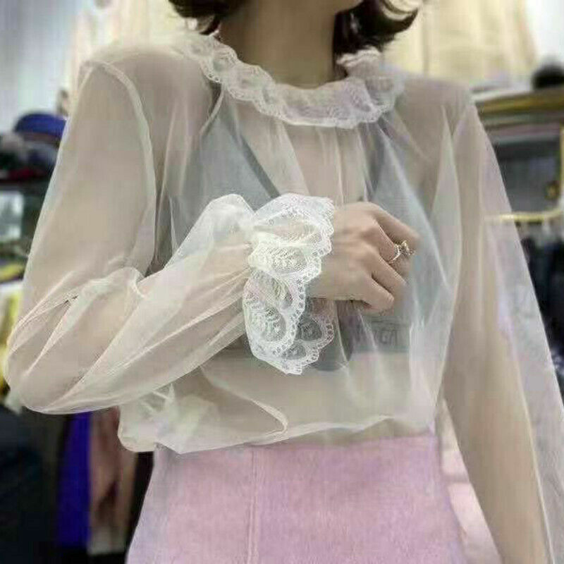 Lady Lace Shirt Tops Mesh Sheer Peter Pan Collar Blouse Lolita Flare Sleeve Sexy