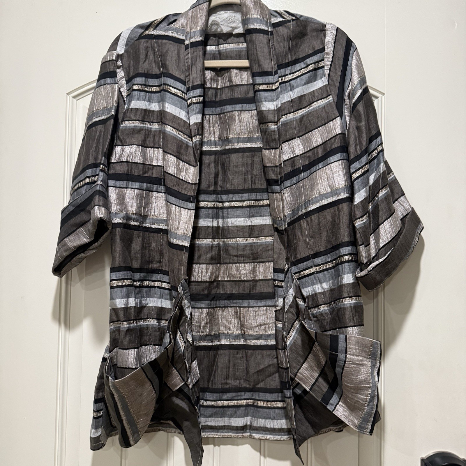 Marilu Y2K Striped Asymmetrical Metalic 3/4 Sleeve Open Front Mid Length Jacket