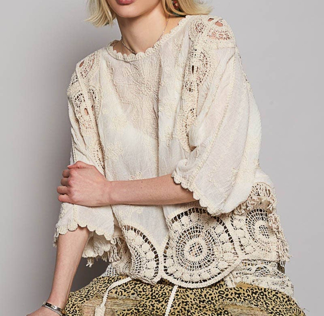 POL Clothing Women Natural Crochet Embroidered Eyelet Top OSFM Boho New