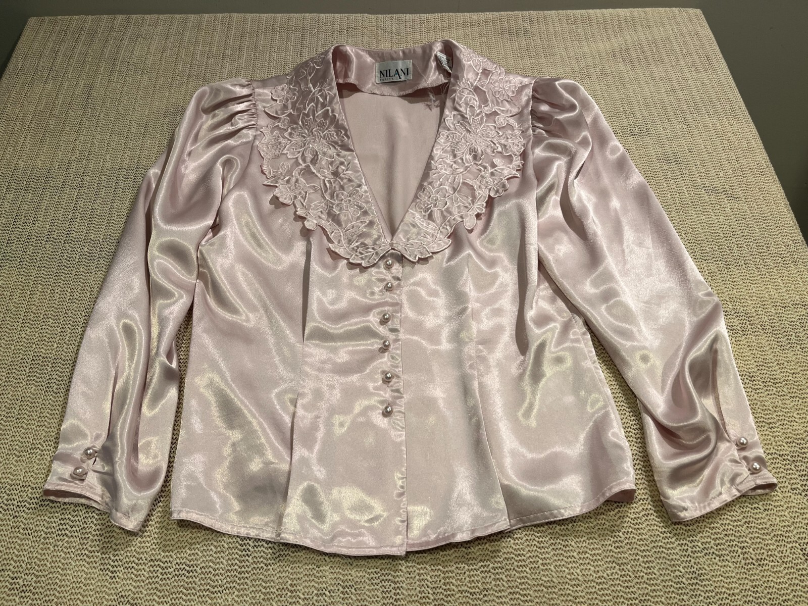 Nilani Top Women Size 8 Pink Satin Lace Collar VTG 80s Blouse Top