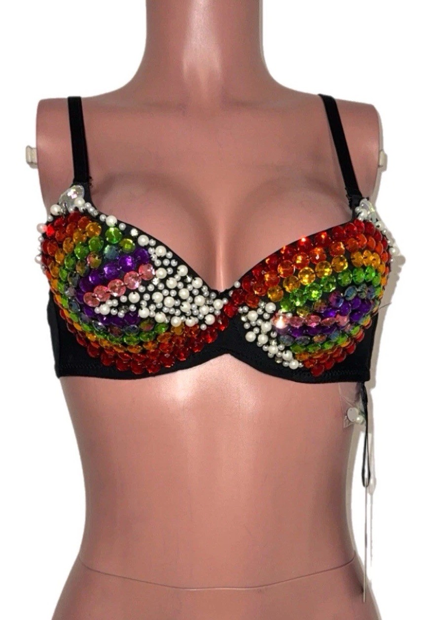 Y2K Rainbow Rhinestone Pearl Rave Mermaid Bra Top Cosplay Party NWT Glam Event S