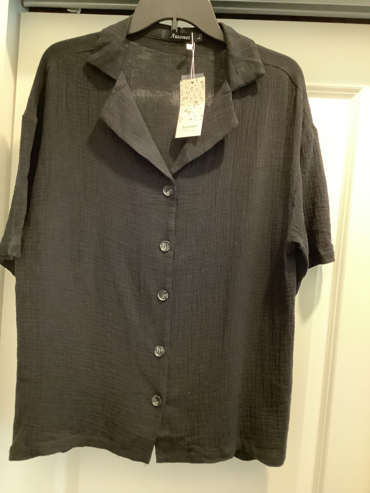 AUTOMET NEW WITH TAGS BLACK GAUZE BUTTON DOWN SHORT SLEEVE TOP COLLAR SZ LARGE