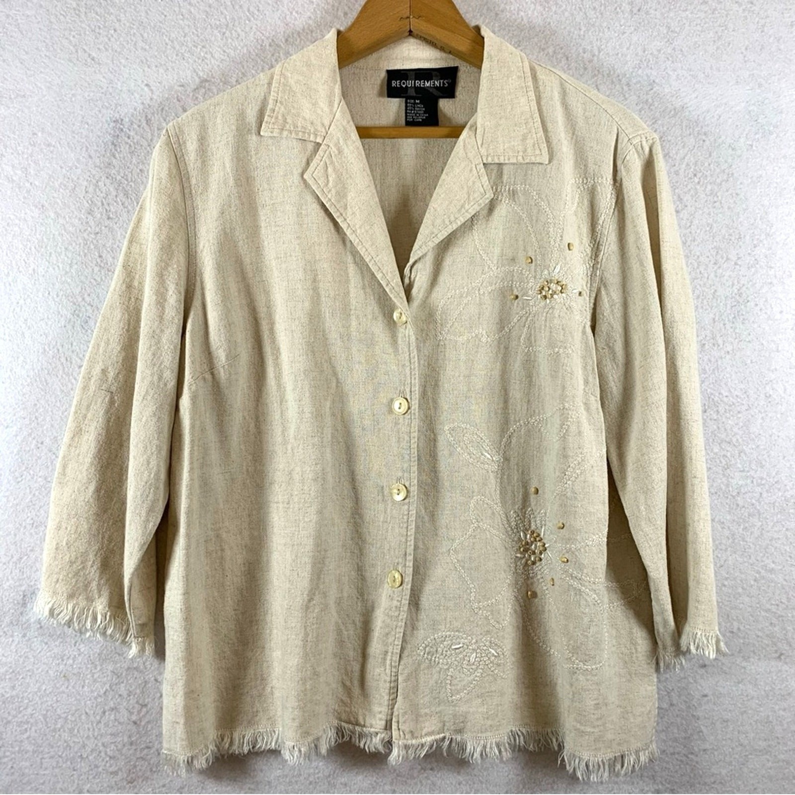 VTG Womens Coastal Grandma Linen Blend Button Top Sz M Ecru Beaded Raw Hem Boho