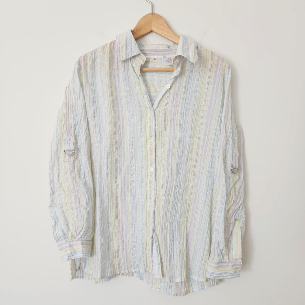 Y2K Pastel Crinkle Button Down Shirt Size 1X Striped Purple Blue Silver Metallic