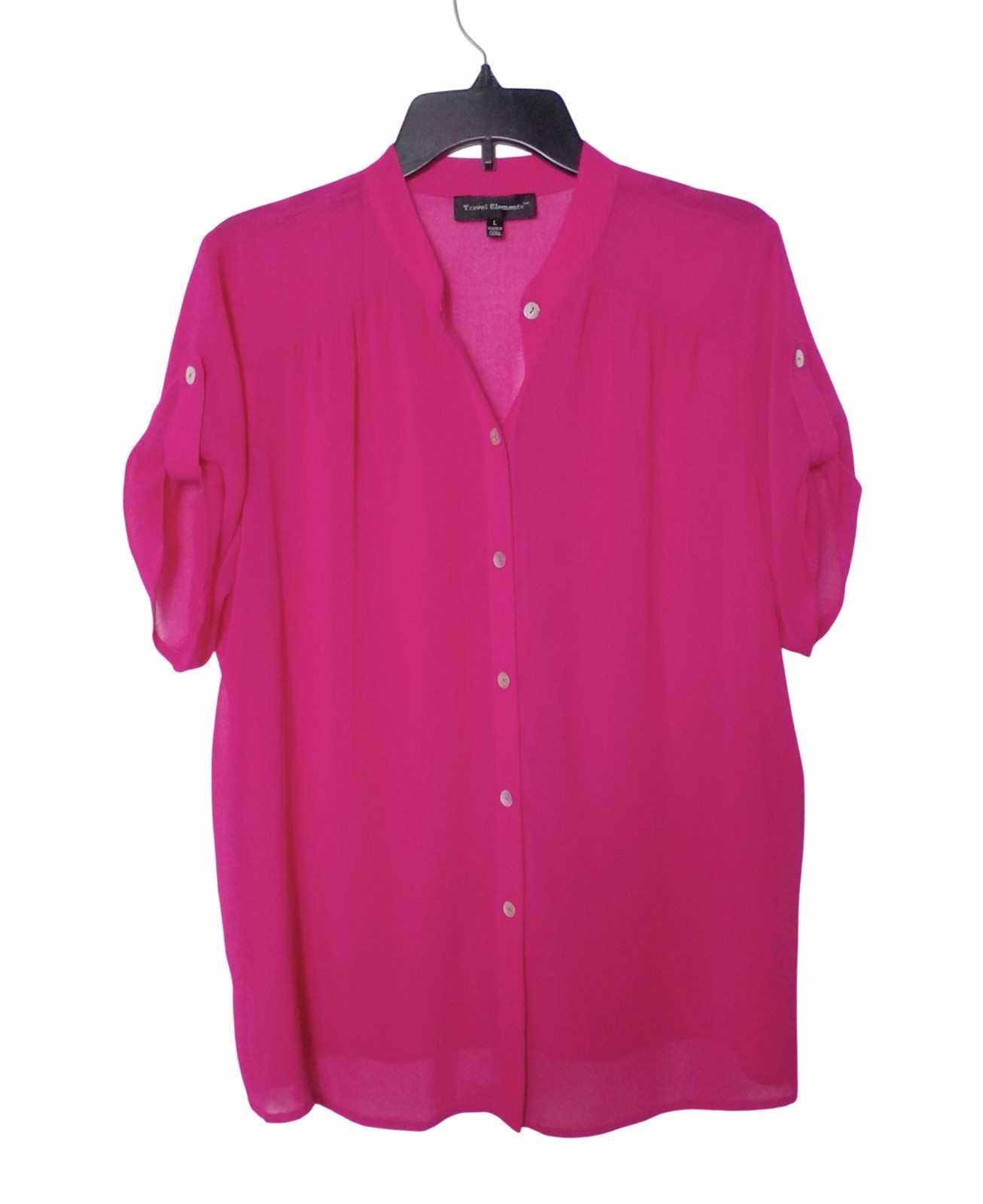 Womens Sz L Travel Elements Bright Fuchsia Hot Pink Semi Sheer Top Blouse Shirt
