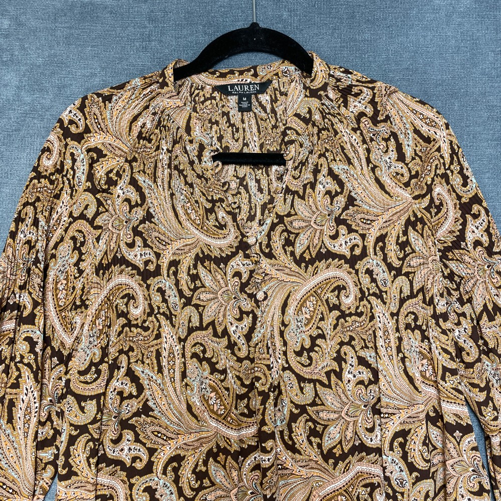 Lauren Ralph Lauren Georgette Blouse Top Womens Medium Brown Paisley Pleated