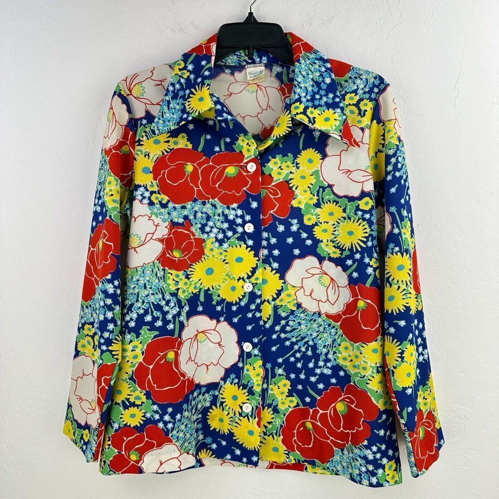Vtg 70s Queensway Blouse Womens 34 Red Blue Floral Button Long Sleeve Hippie