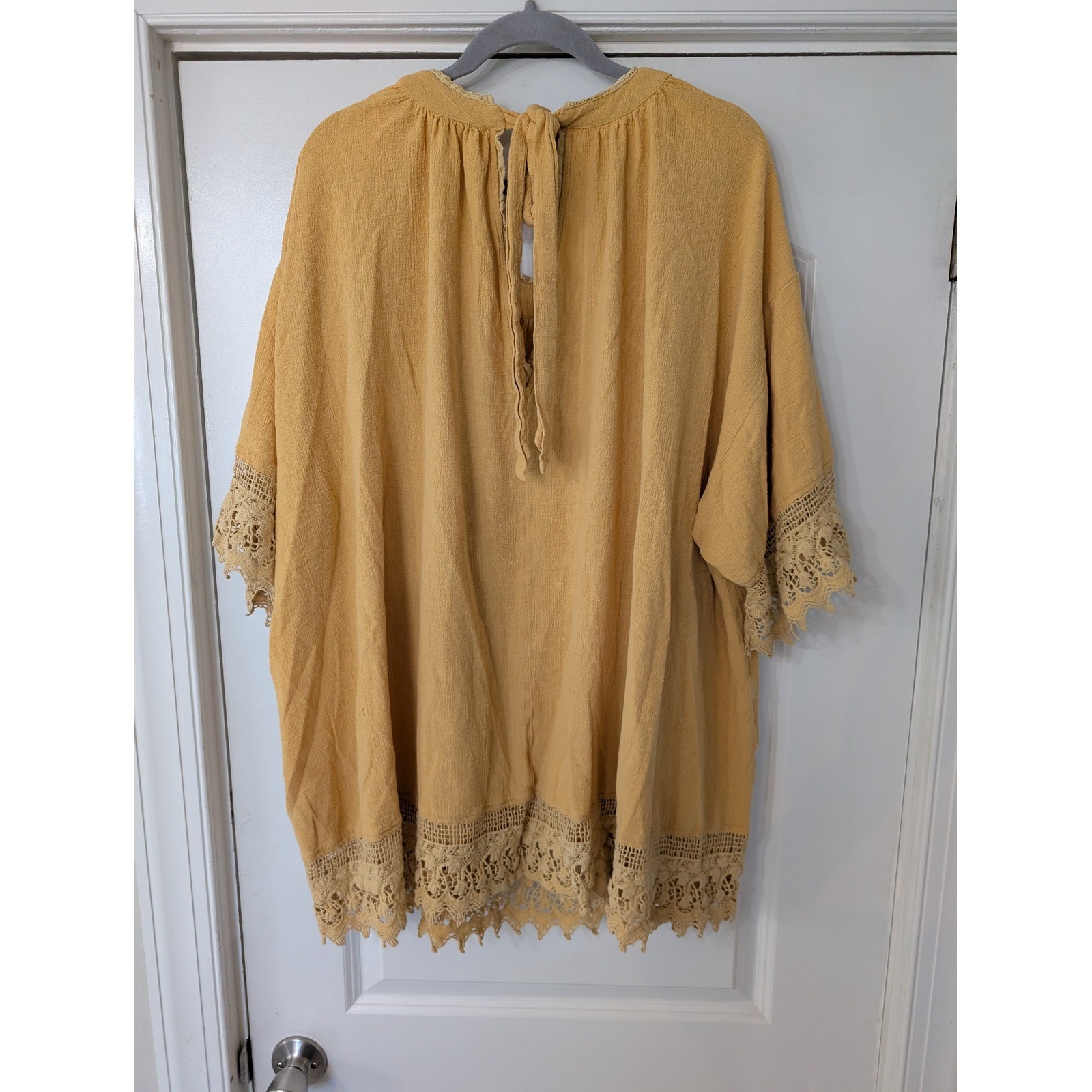 Free People Mustard Gauze Crochet Lace Trim Tunic Top mini dress Boho Large