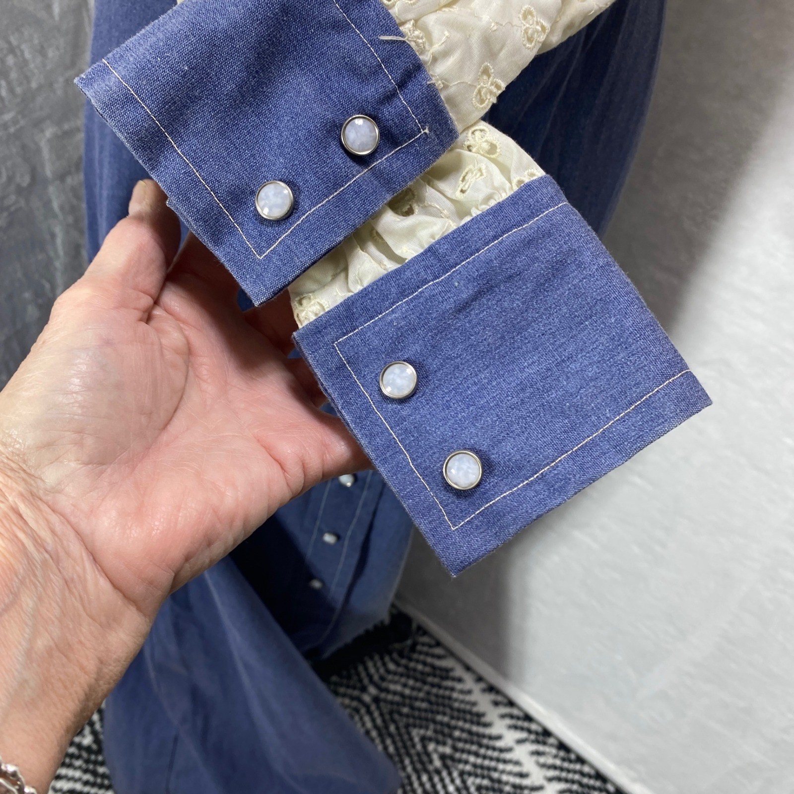 VTG Home Made Hand Made Western Style Denim Color & Eyelet Prairie Maxi Dress