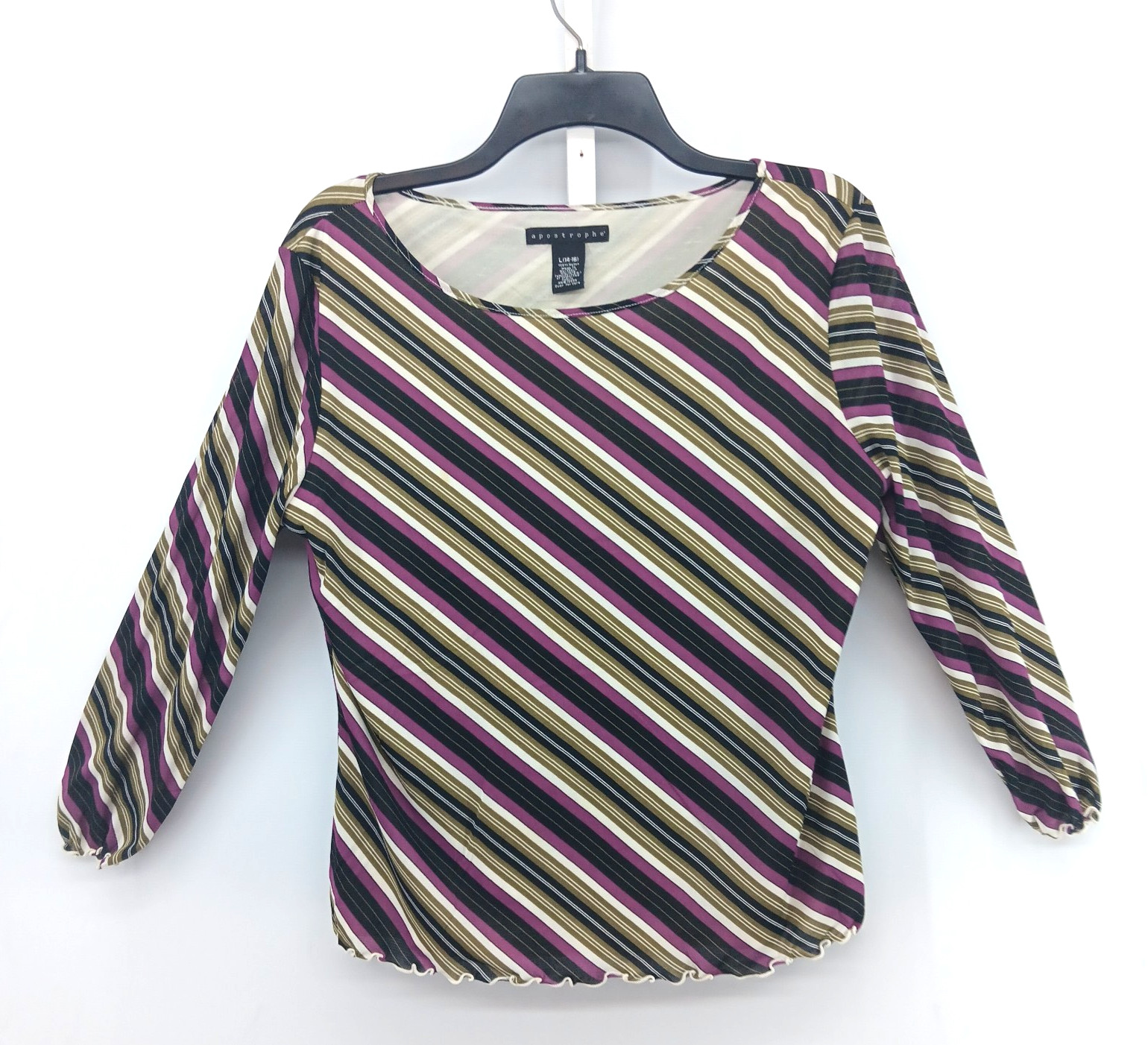 Apostrophe Blouse Women Large Multicolor Diagonal Striped 3/4 Sleeve Lined Top