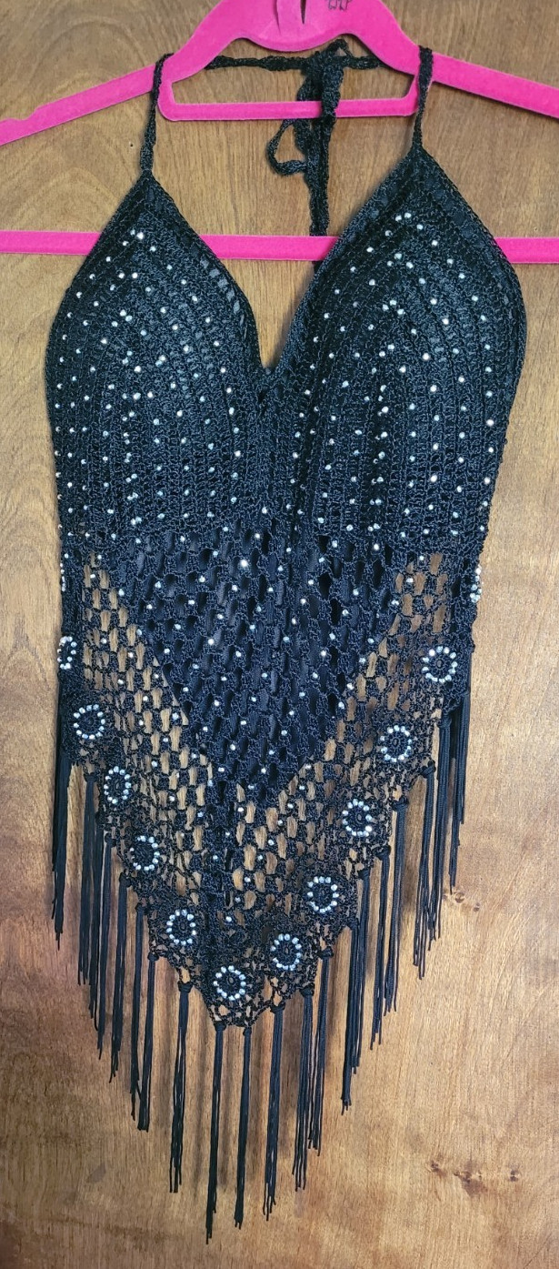 Sexy Black Crochet Halter Top with Studs and Fringe Small Festival Bikercore