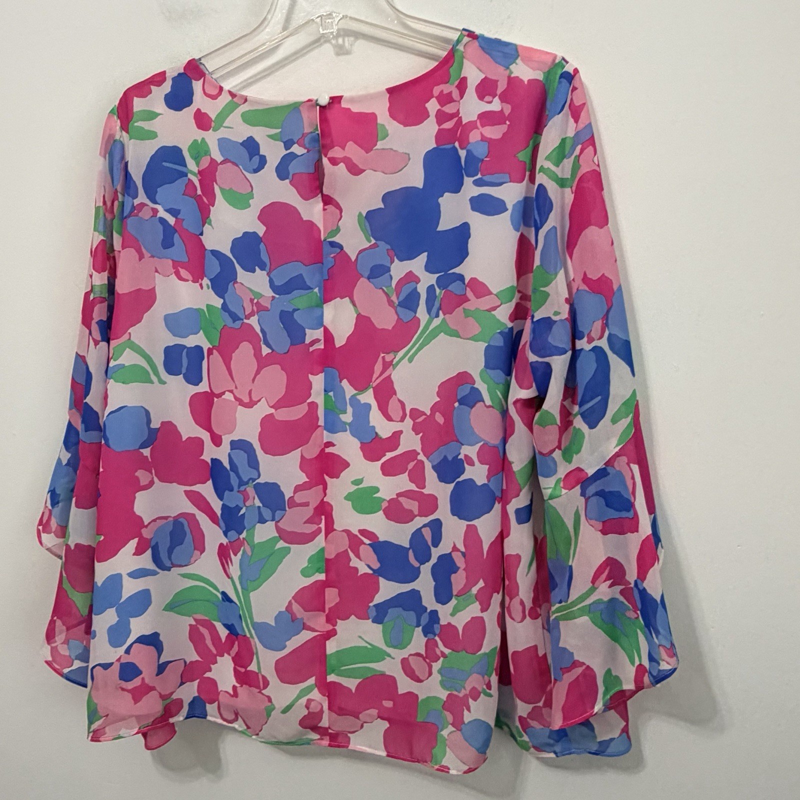 Evan Picone Black Label Top XL Pink Perfection Floral 3/4 Ruffle Sleeve Spring