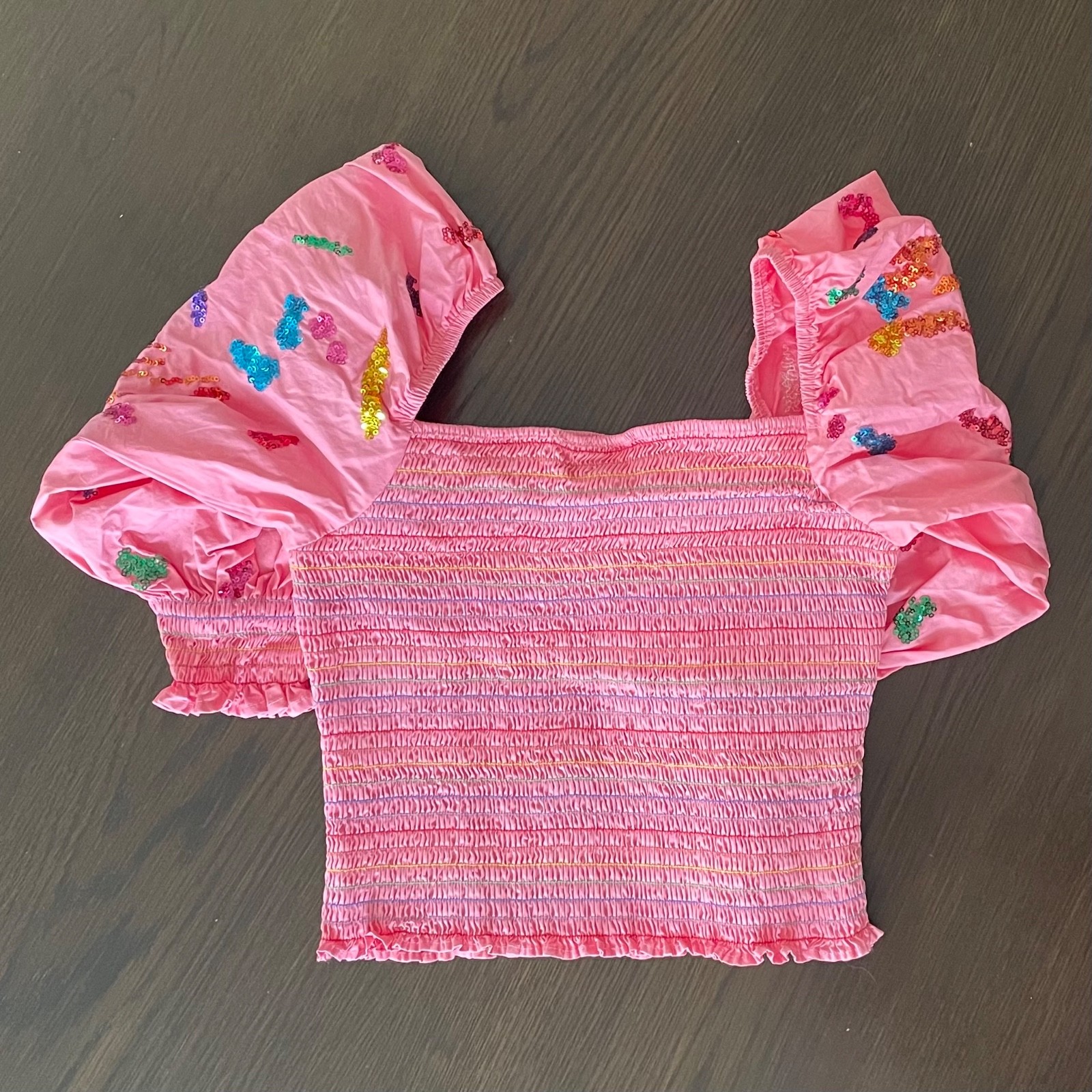 Queen of Sparkles Pink Smocked Crop Top Puff Sleeve Sequin Disco Cowgirl Small
