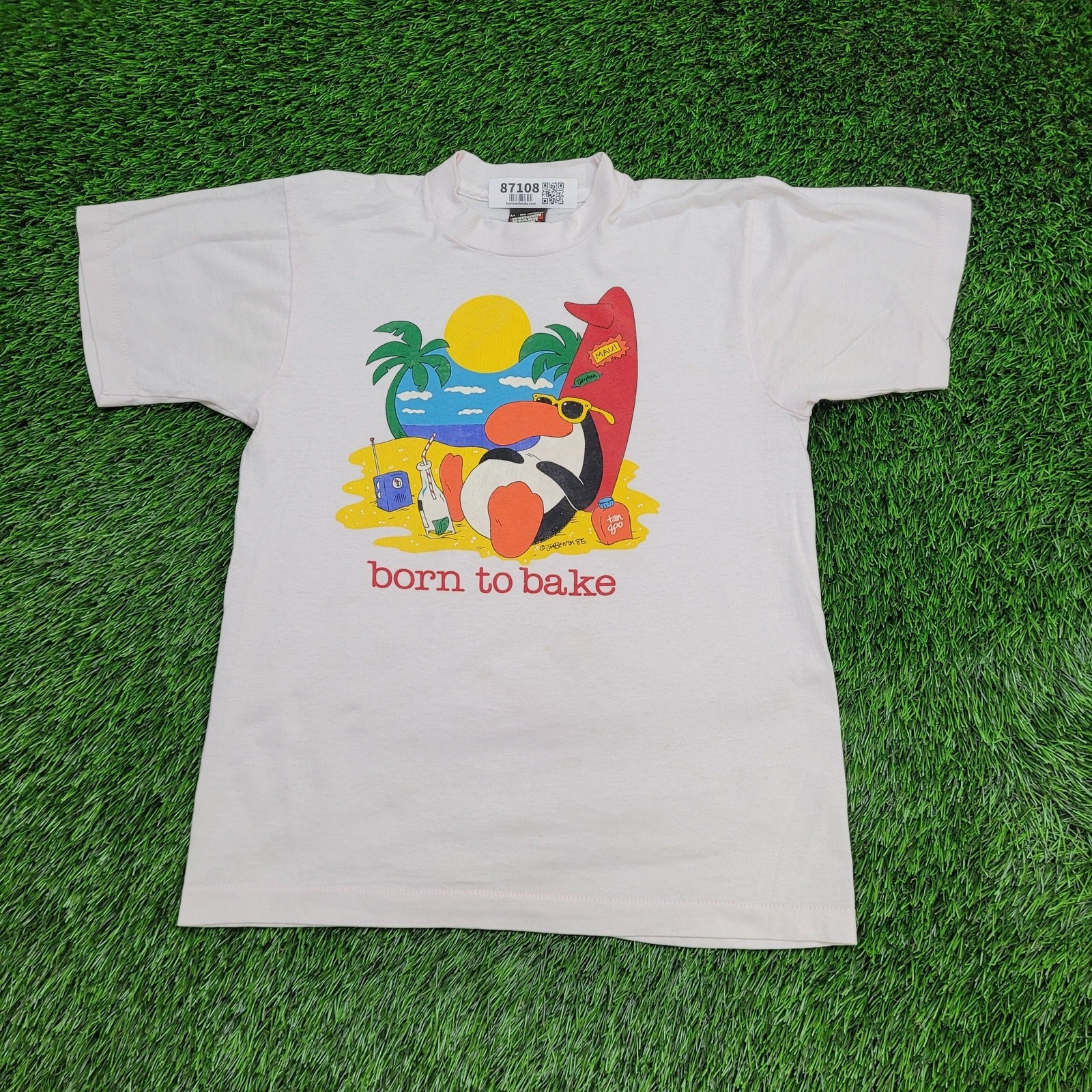 Vintage 80s Funny Penguin Shirt Womens S/M 18×24 Pink Beach