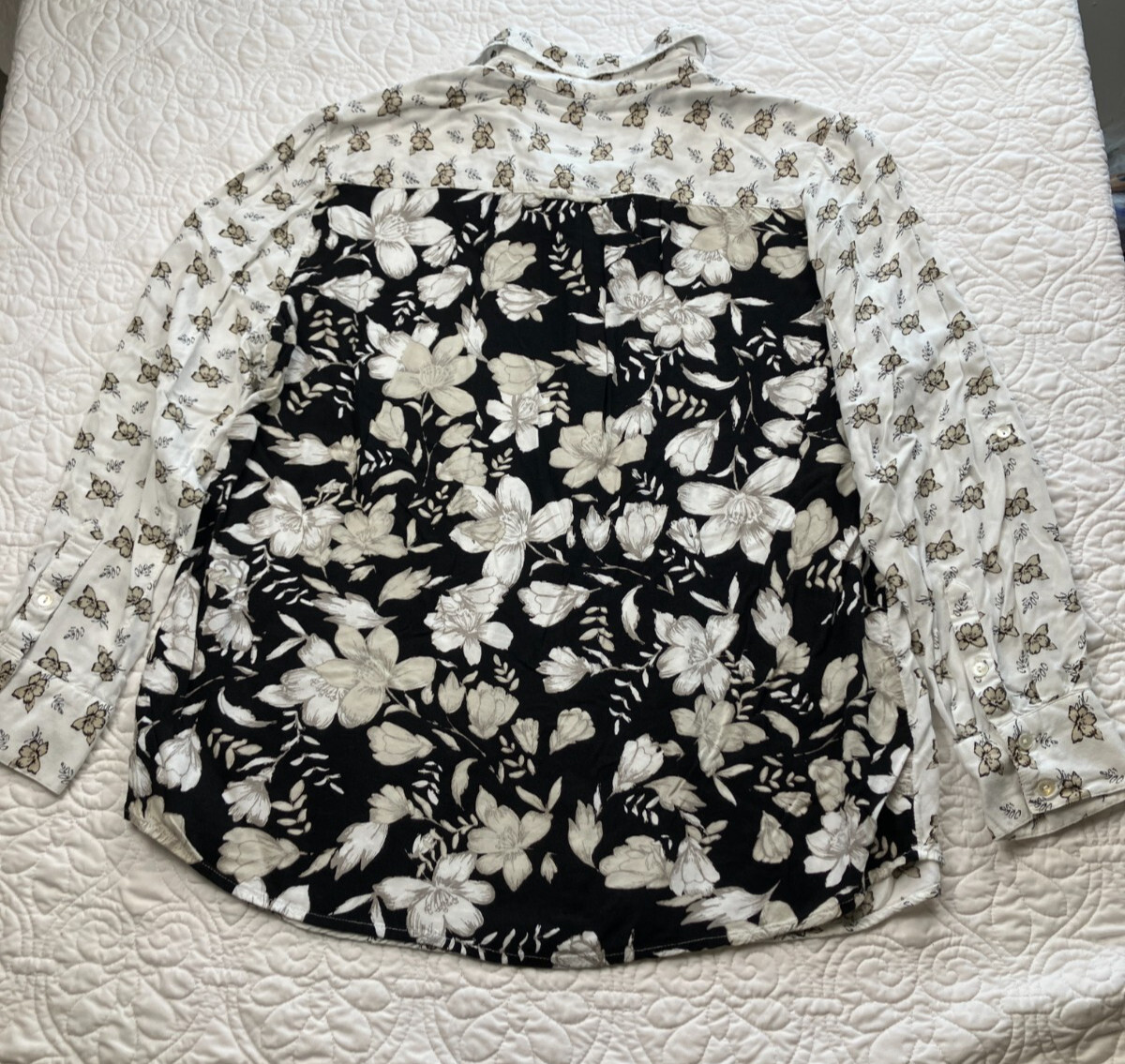 Style & Co Large Button Up Two Tone Black White Floral Long Sleeve Western Women