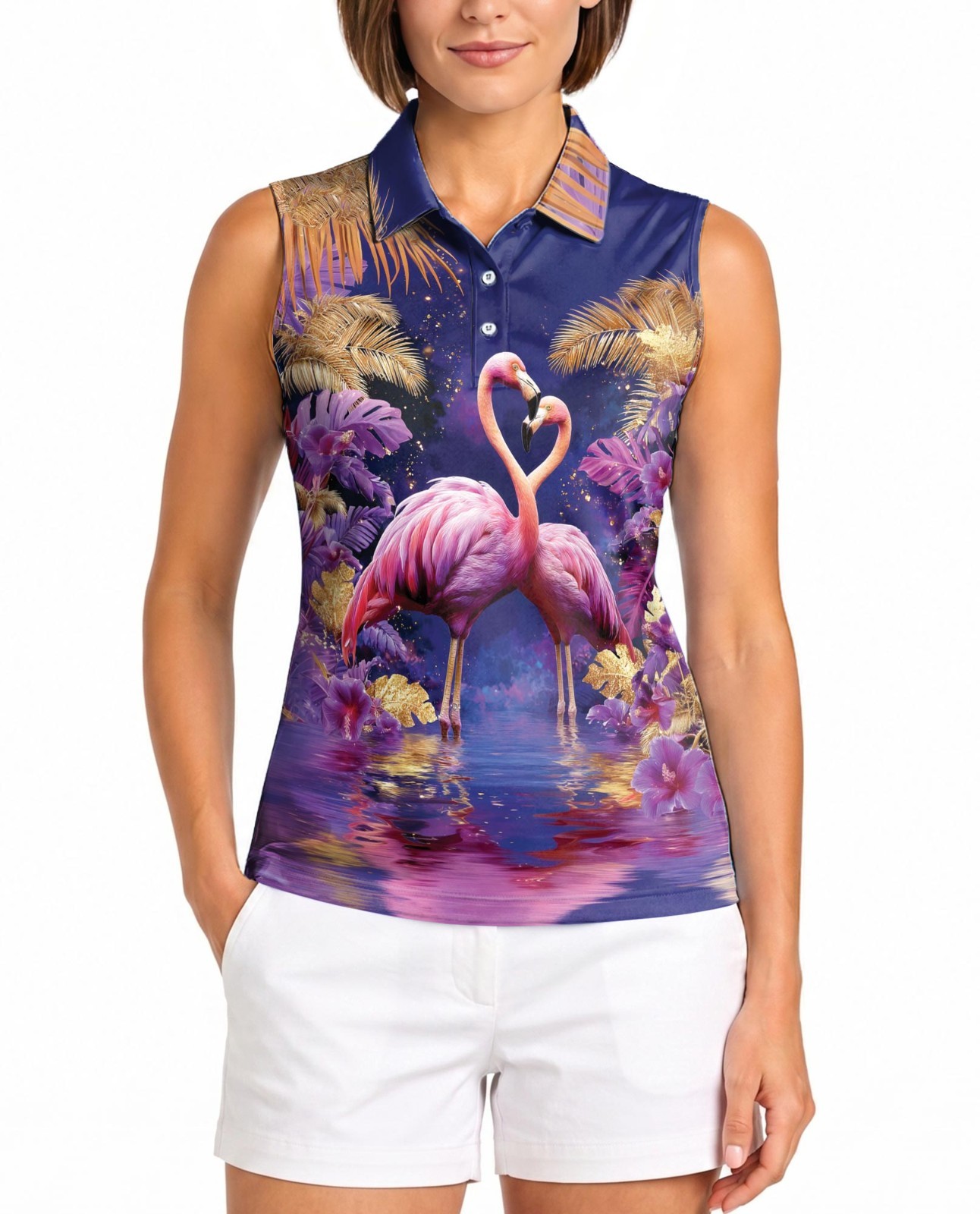 Women Sleeveless Polo Shirt Flamingo Tropical Animal Floral Top