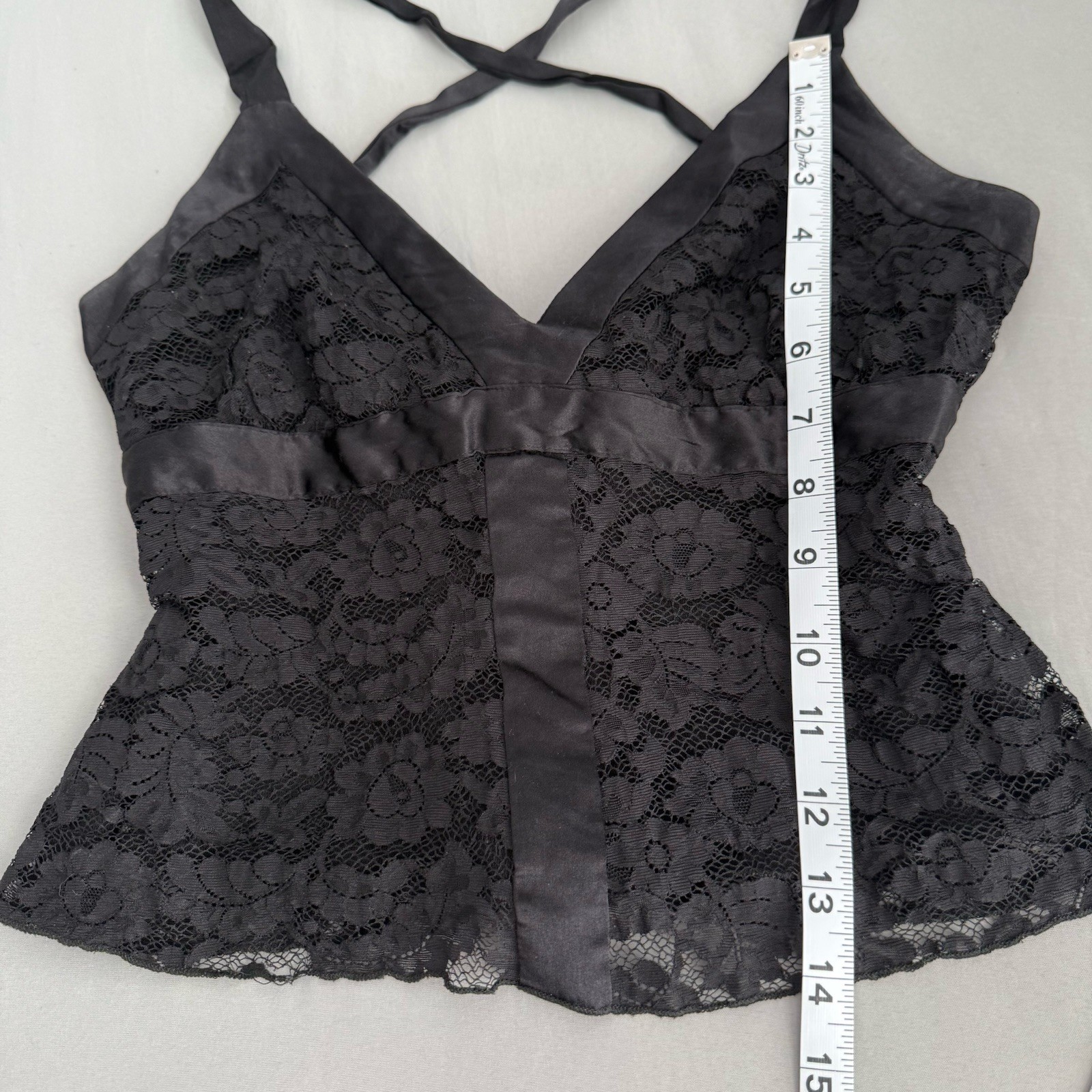 Vintage Y2K Bebe Top Sz S Silk Trim Babydoll Lace Tie Cross Back Romantic Fairy