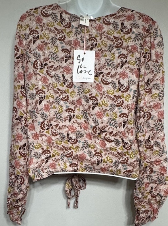 Belle Du Jour Blouse Women’s Medium Floral Tie Waist Adjustable Cropped NEW