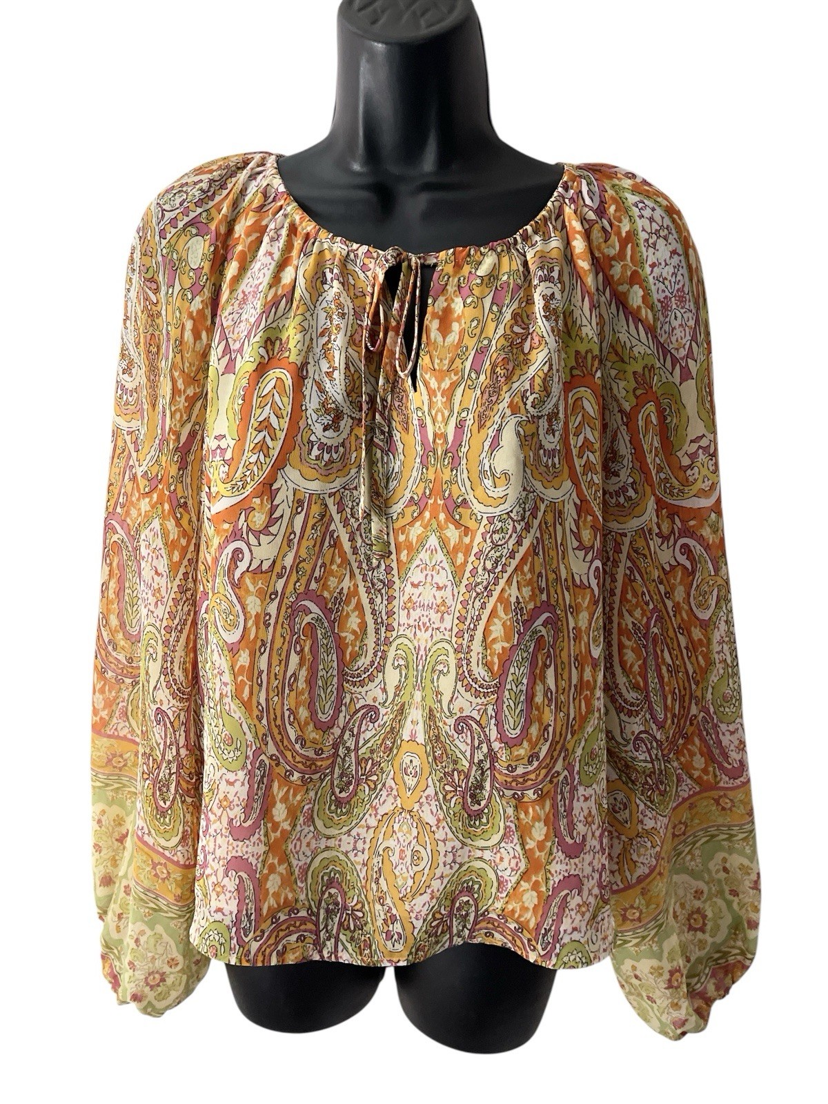 Rachel Zoe Top Women S Multicolor Lined Chiffon Long Sleeve Paisley Boho Peasant