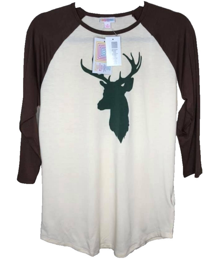 XL RANDY LuLaRoe DEER HEAD GRAPHIC – BROWN CREAM GREEN; Size 18-20 Baseball Tee