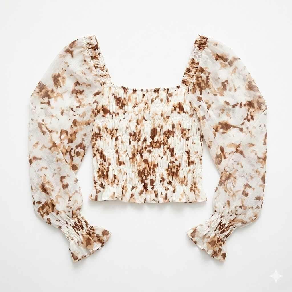 Express Abstract Smocked Crop Top Small Puff Sleeve Boho Cottagecore Western
