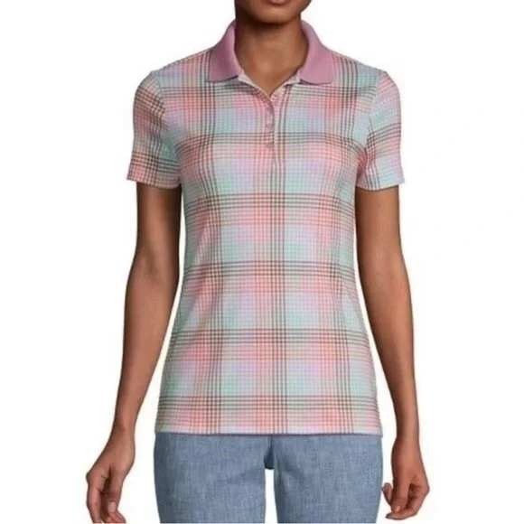 Lands’ End Women’s 1X Knit Short Sleeve Checker Supima Polo Shirt Top Multi NEW