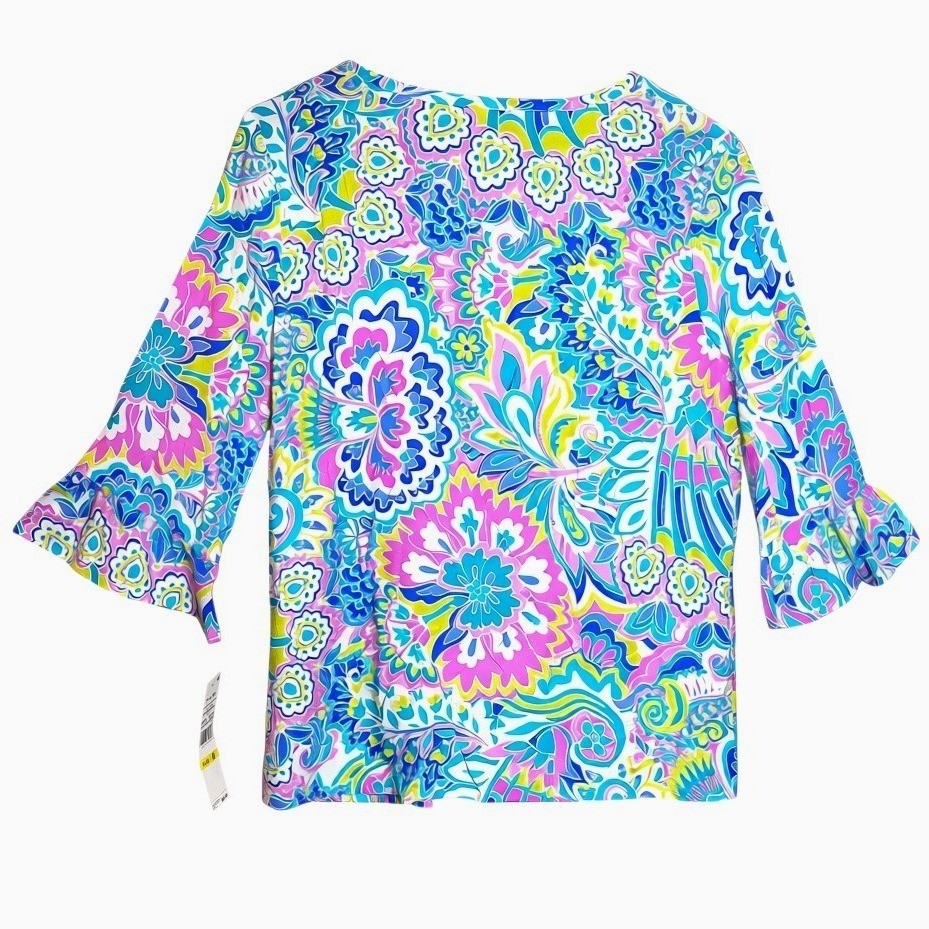 Ruby Rd Floral Paisley Button Front Top Sz M Top Boho Chic Mod Palm Beach NWT