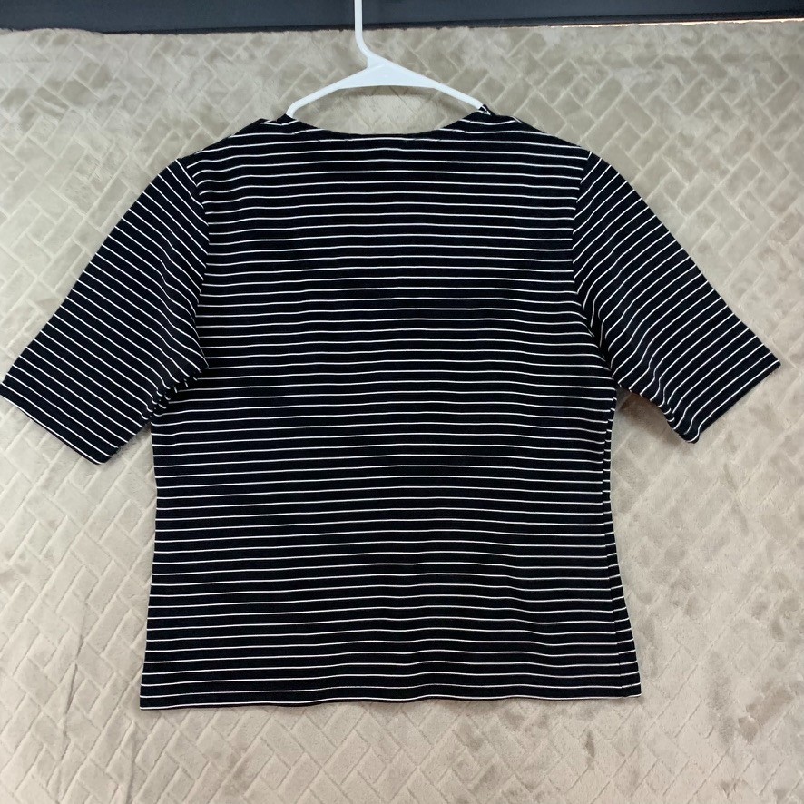 Basic Necessities Shirt Womens M Black Striped Short Sleeve Nylon Blend