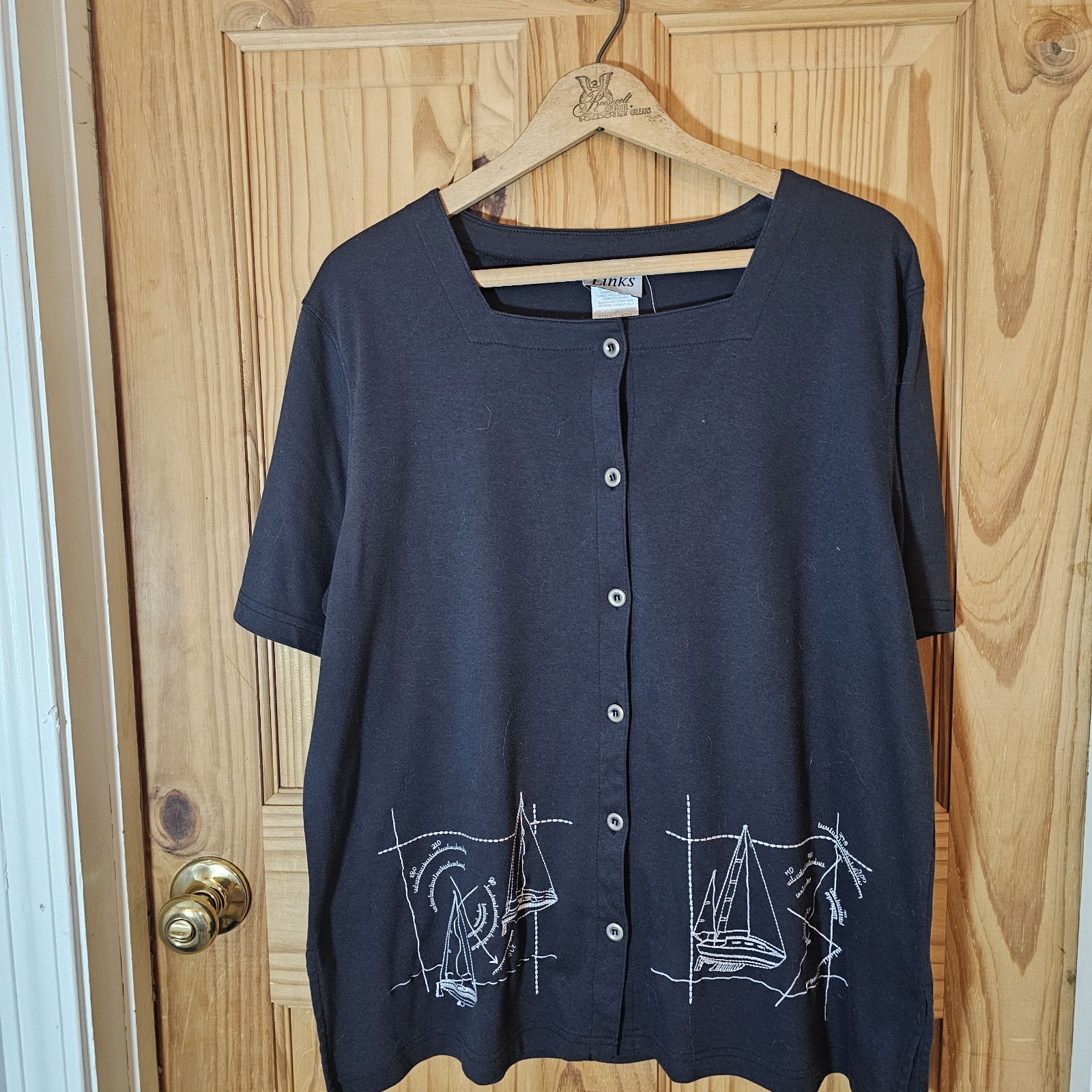 Vintage LINKS Black NAUTICAL Sailing BOAT MARINA Embroidered Button Up Shirt MED