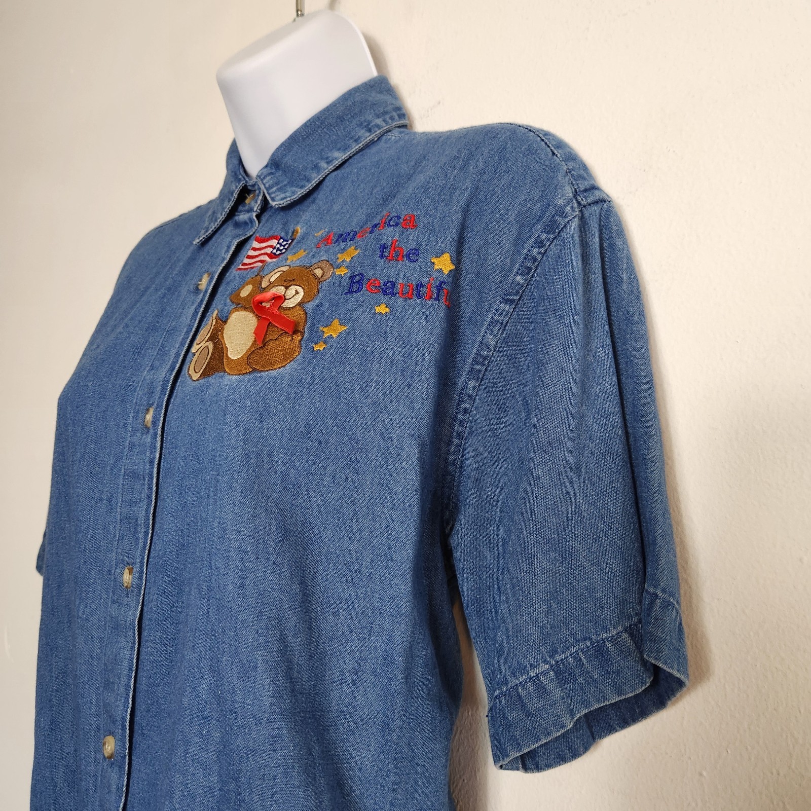 Vintage Maggie & Max Denim Shirt Sz Small Bear American Flag Patriotic 4th July