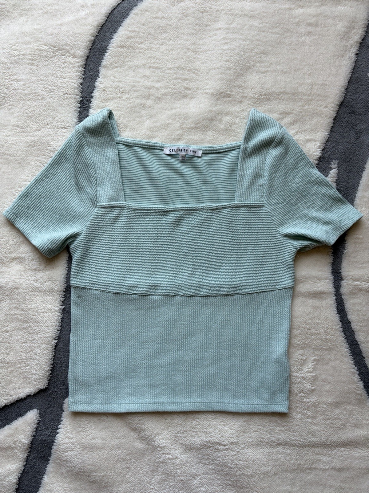 Celebrity Pink Women’s Blue Ribbed Knit Square Neck Short Sleeve Top M