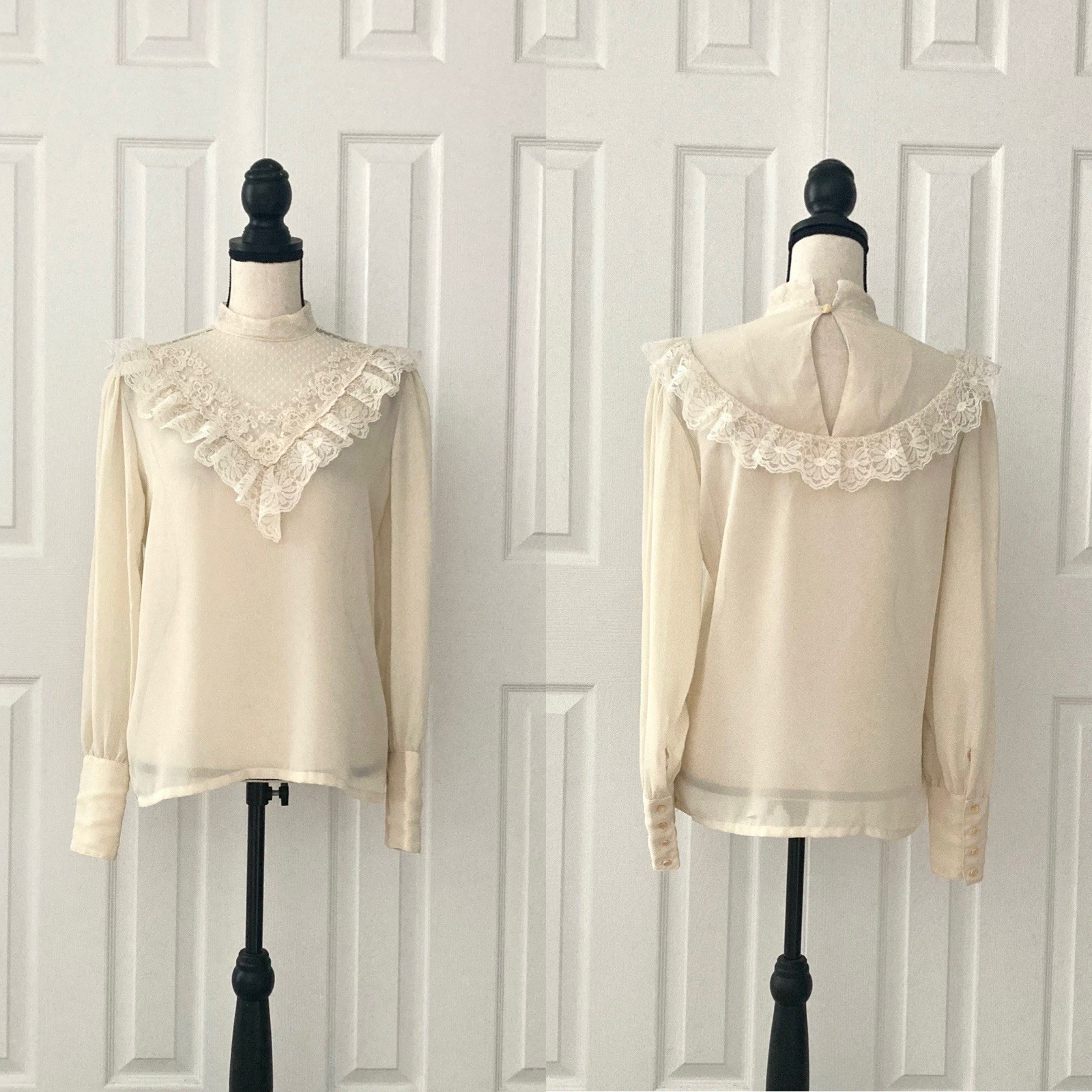 Vtg 80s Ivory Lace Blouse Victorian Revival Prairie Puff Sleeves Size 9/10