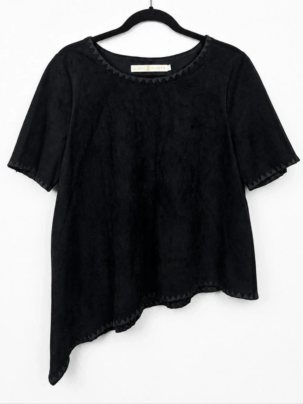 Marie Oliver Black Asymmetrical Handkerchief Hem Top Faux Suede Size M