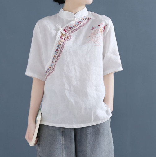 Women Embroidery Solid Color Shirts Linen Chinese Style Vintage Buckle Summer